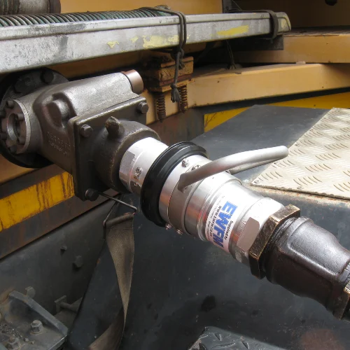 A 2" Dry Disconnect Coupling connected to a tanker