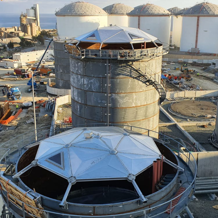 EWFM Geodesic Tank Domes being fitted on top of storage tanks