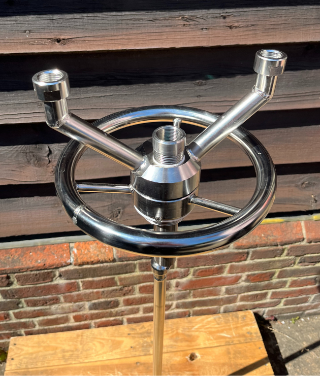 One of two stainless steel Drum Filling Heads with Interchangeable S.S. 200L & 50L Adaptors With PTFE Compensator