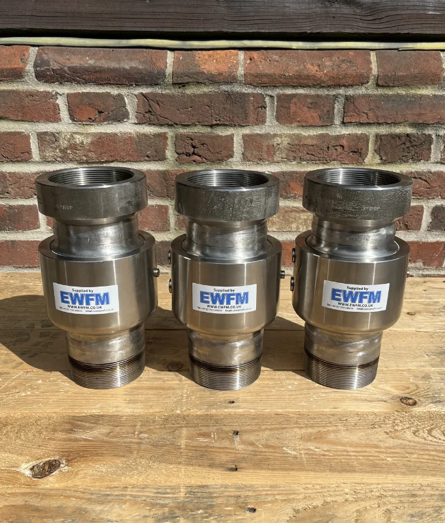 Three 3" stainless steel Swivel Joints with a 3" Male BSPT and the other a 3" Female BSPP end connection