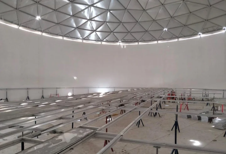 An Internal Floating Full Contact Roof during installation within a Storage Tank